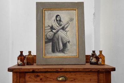 Gemälde handgemalt Rajasthan Musik Frau Vintage Bild Indien Wandbild 60 x 45cm Groß