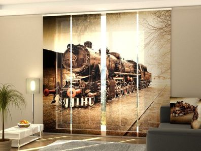 Foto-Schiebegardine alte Dampflokomotive, Flächenvorhang mit Motiv, Gardine auf Maß