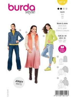 Burda Style Papierschnittmuster Weste und Jacken mit und ohne Kapuze #6114