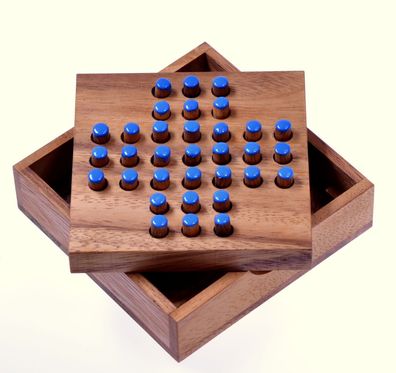 Solitär Gr. S - blaue Stecker - Solitaire - Logikspiel aus Holz