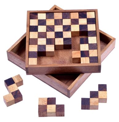 Schach Puzzle - Pentomino Puzzle Logikspiel in Schachbrettmuster-Optik aus Holz