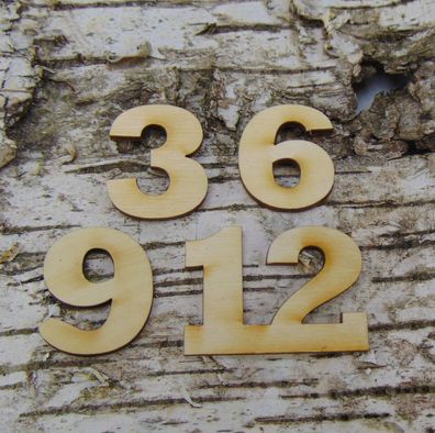 Deutsche Zahlen Ziffern 3 6 9 12 Holz, in 30mm Höhe zum Basteln für Uhren