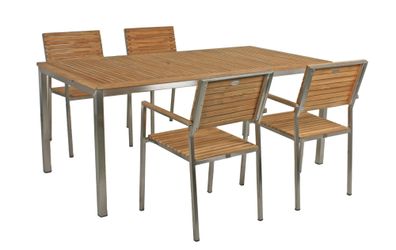 5tlg. Teak Tischgruppe Gartenmöbel Gartentisch Stuhl Garten Stapelstuhl Tisch