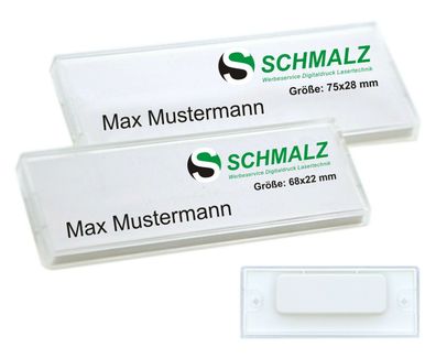 Kunststoff-Namensschilder weiß mit Magnet oder Sicherheitsnadel Papiereinschub