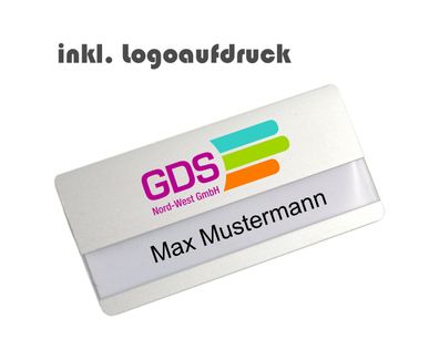 Namensschild Aluminium, mit abg. Ecken, inkl. Logoaufdruck Magnet Kombiclip Nadel