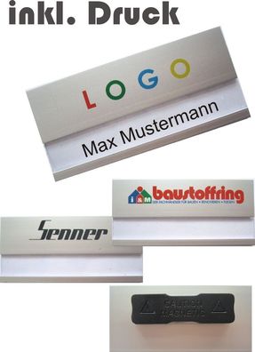 10 x Namensschilder aus Aluminium Metall inkl. Logodruck Magnet bedruckt