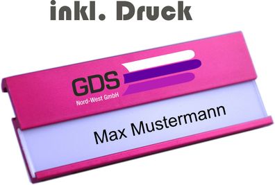 Namensschild Aluminium, pink 70x25 mm inkl. Logoaufdruck Magnet Nadel/ Clip