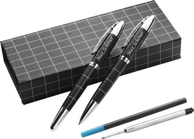 Schmalz® Schreibset CASTLE schwarz/ silber mit edler Laser Gravur graviert