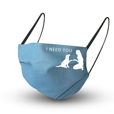 Baumwollmaske in Graublau mit Innenvlies - Mädchen mit Hund - I need you - 15985 + G