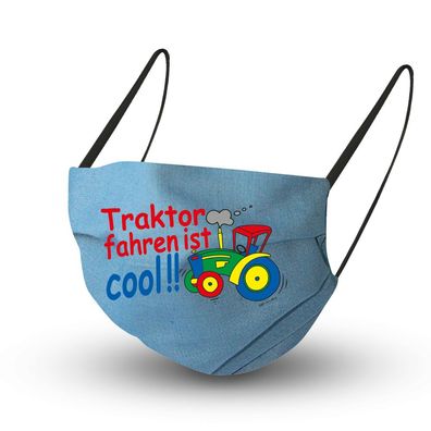 Baumwollmaske in Hellblau mit zertifiziertem Innenvlies - Traktor fahren ist Cool - 1