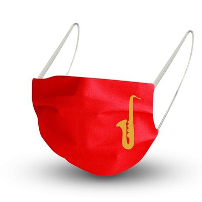 Baumwollmaske in ROT mit zertifiziertem Innenvlies - Goldenes Saxophon - 15935 + Grat