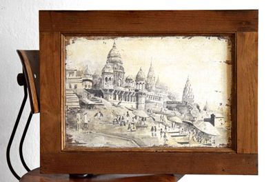 Gemälde handgemalt Varanasi Hindu Vintage Bild Indien Wandbild 45 x 60cm Groß Holz