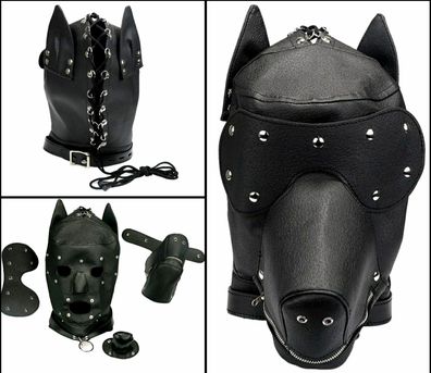 4 Teiliges Gesichtsmaske Hundemaske Hunde Maske Kostüm mit Augenbinde Ohren BDSM Roll