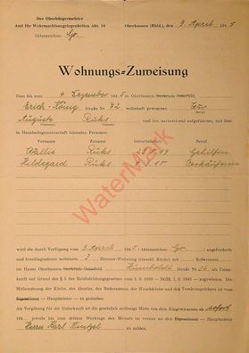 Dokument Urkunde Wohnungs-Zuweisung Oberhausen v. 9.4.1945