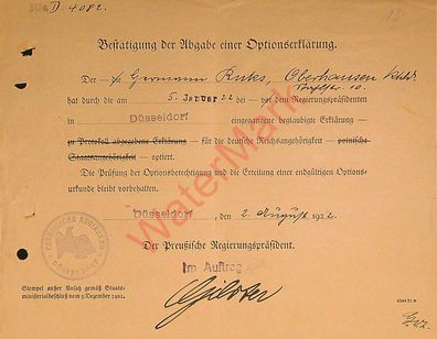 Dokument Urkunde Abgabe einer Optionserklärung Düsseldorf v. 2.8.1922