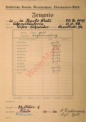 Dokument Urkunde Zeugnis Schulzeugnis Oberhausen v. 31.3.1937