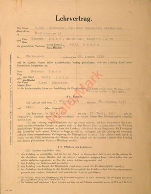 Dokument Urkunde Lehrvertrag Eisenwarenhandel Oberhausen v. 1.10.1934