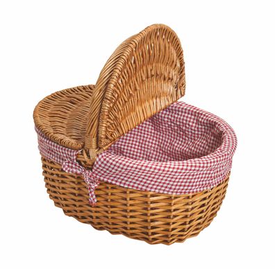Picknickkorb mit Deckel aus Weide - rot/ weißer Stoff - Picknick Tragekorb leer