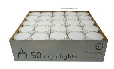 Teelichte Nightlights lange Brenndauer, 50 Stück farblos