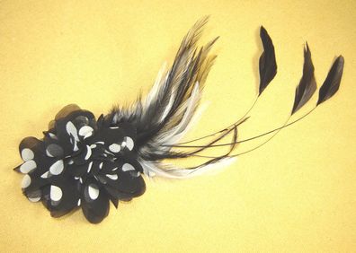 Ansteckblume Haarschmuck Pompon Punkte schwarzweiß Federn Brosche und Haarclip 26cm p