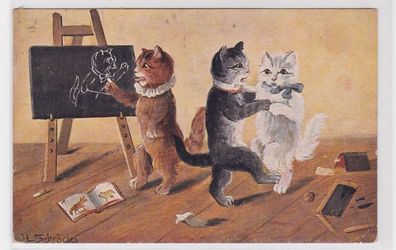 92407 Ak 3 Katzen tanzen und malen im Klassenzimmer 1912