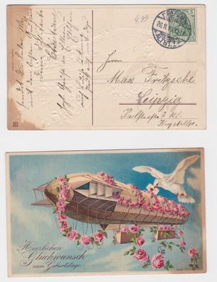 19189 Glückwunsch zum Geburtstag Ak geschmückter Zeppelin und Brieftaube 1910