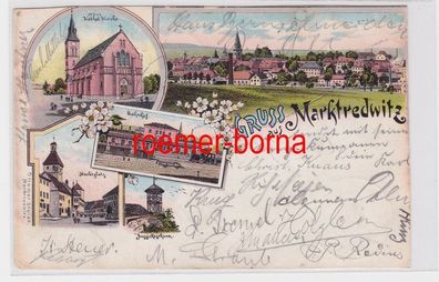 80190 Ak Lithografie Gruss aus Marktredwitz Bahnhof, Markt, Kirche 1901