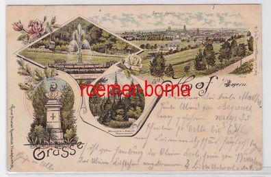 84009 Ak Lithografie Gruss aus Hof in Bayern Springbrunnen i.d. Anlagen usw 1897