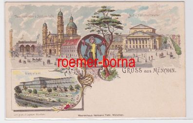84364 Ak Lithografie Gruss aus München Glaspalast, Nationaltheater usw. um 1900