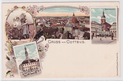 98418 Ak Lithographie Gruss aus Cottbus Marktplatz, Rathaus usw. um 1900