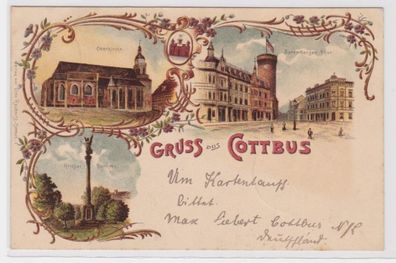 98420 Ak Lithographie Gruss aus Cottbus Spremberger Tor, Kriegerdenkmal usw.1901