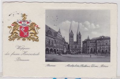 70027 geprägte Ak mit Wappen Bremen Marktplatz Rathaus Dom Börse 1936
