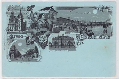 87520 Mondschein Lithografie AK Gruss aus Geestemünde - Rathaus & Hafen um 1900