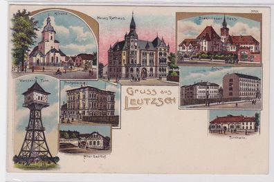 32559 Ak Lithographie Gruß aus Leutzsch Gasthof, Turnhalle, Schule usw. 1910
