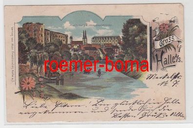 83625 Ak Lithografie Gruss aus Halle a.S. Moritzburg u. neue Saalebrücke 1900