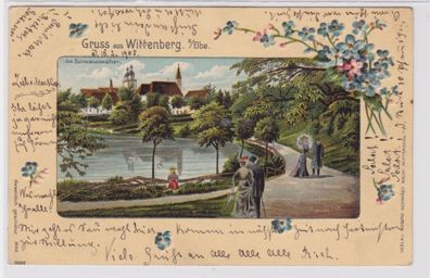 94025 Passepartout AK Gruss aus Wittenberg an der Elbe - Am Schwanenweiher 1905