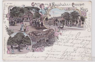 90736 Ak Lithographie Gruß aus Haushahns Concert Haus Lübeck um 1900