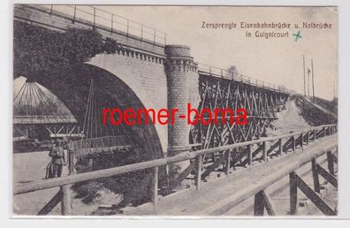 81909 Ak Zersprengte Eisenbahnbrücke und Notbrücke in Guignicourt um 1915