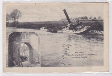 90858 Feldpost Ak Mouzon von den Franzosen im Maaskanal versenkte Schiffe 1916