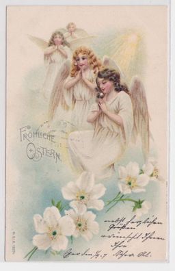 61796 Fröhliche Ostern Ak 4 Engel mit Blumen beim Gebet 1907