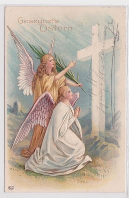 64763 Gesegnete Ostern Präge Ak 2 Engel beten vor Kreuz 1908