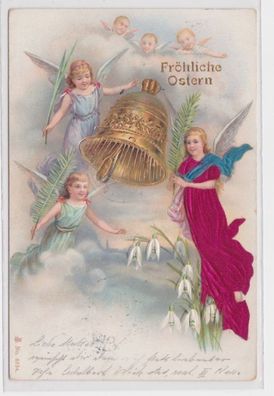 98389 Fröhliche Ostern Präge mit Stoff Ak Engel und Glocke 1900