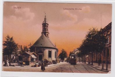20973 Ak Tilsit Litauische Kirche und Strassenbahn 1912