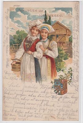 90916 Wappen Ak Schweden und Norwegen Frauen in Tracht 1900
