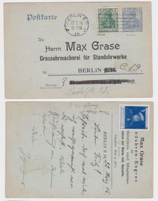 00558 DR Ganzsachen Postkarte P63 Zudruck Max Grase Grossuhrmacherei Berlin 1916