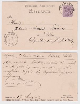 18446 DR Ganzsachen Postkarte P12 Zudruck Gebr. Fassin Handlung Emmerich 1883