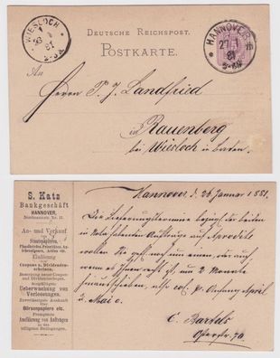 26927 DR Ganzsachen Postkarte P10 Zudruck S. Katz Bankgeschäft Hannover 1881