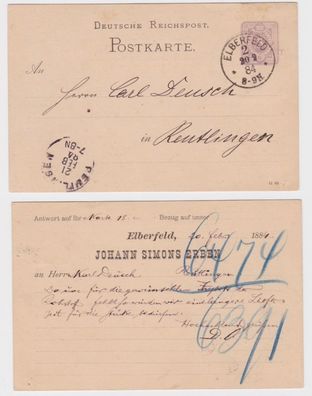 37228 DR Ganzsachen Postkarte P12 Zudruck Johann Simons Erben Elberfeld 1884