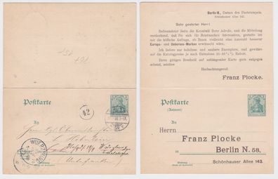 41538 Ganzsache Postkarte P67 Zudruck Franz Plocke Marken-Handlung Berlin 1903