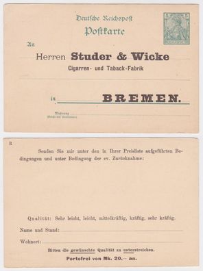 42852 DR Ganzsachen Postkarte P50 Zudruck Studer & Wicke Tabak-Fabrik Bremen